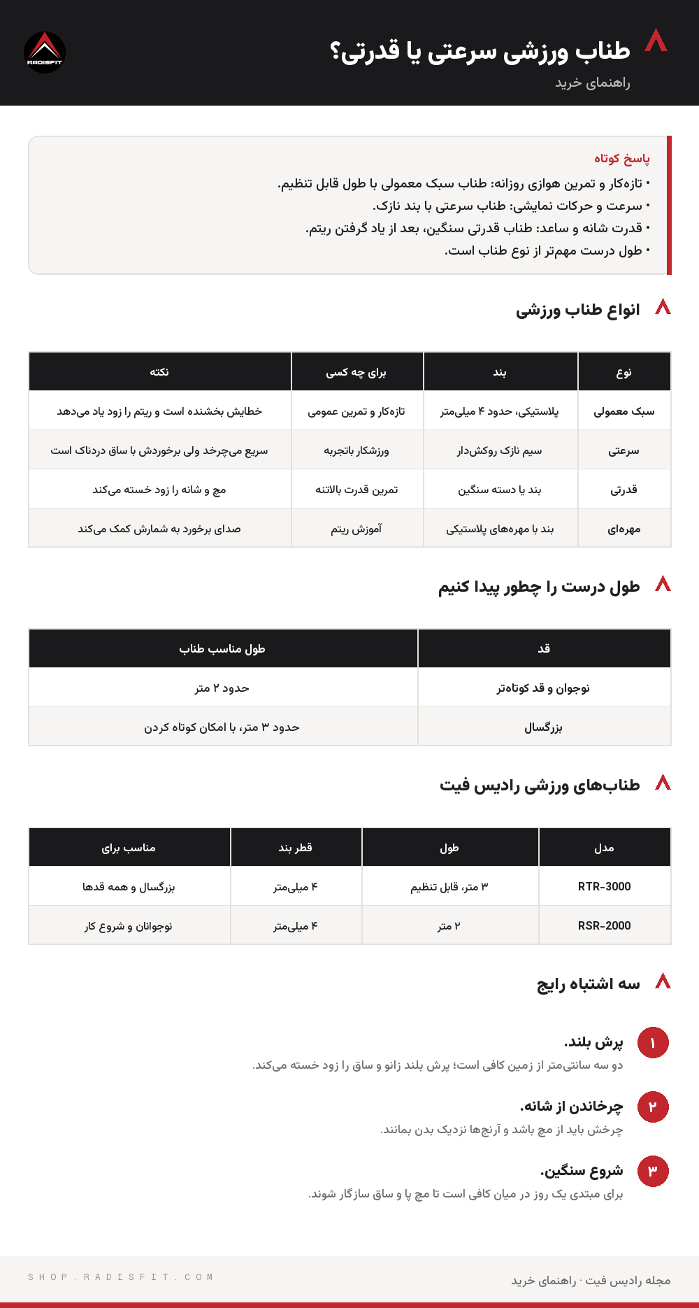 اینفوگرافیک طناب ورزشی سرعتی یا قدرتی؟: انواع طناب ورزشی، طول درست را چطور پیدا کنیم، طنابهای ورزشی رادیس فیت، سه اشتباه رایج