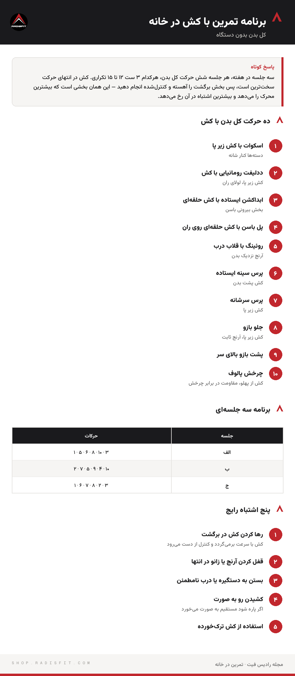 اینفوگرافیک برنامه تمرین با کش در خانه: ده حرکت کل بدن با کش، برنامه سه جلسه‌ای، پنج اشتباه رایج