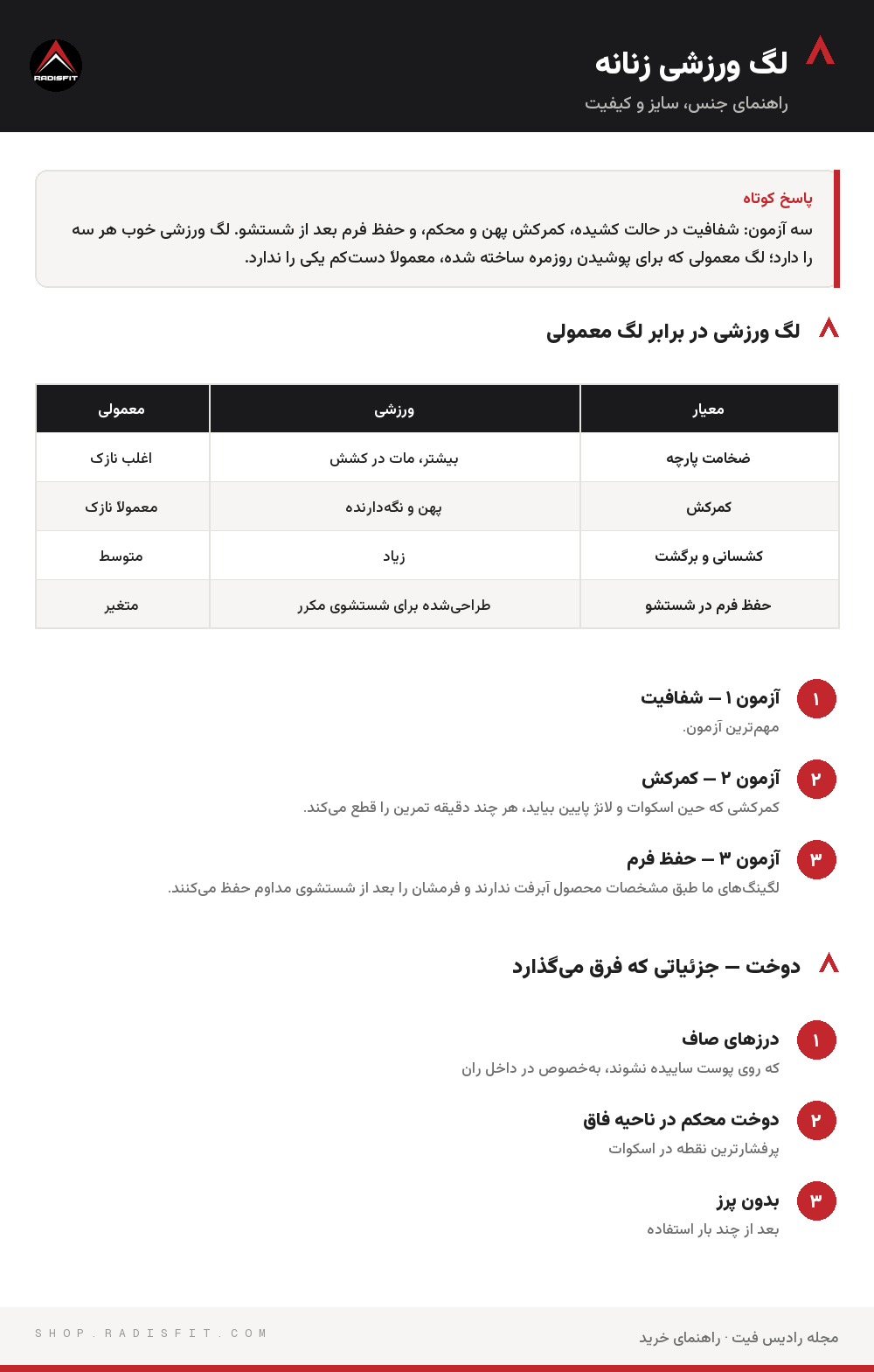 اینفوگرافیک لگ ورزشی زنانه: لگ ورزشی در برابر لگ معمولی، دوخت — جزئیاتی که فرق میگذارد