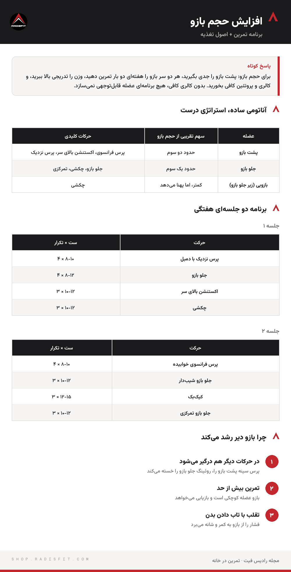 اینفوگرافیک افزایش حجم بازو: آناتومی ساده، استراتژی درست، برنامه دو جلسه‌ای هفتگی، برنامه دو جلسه‌ای هفتگی، چرا بازو دیر رشد می‌کند